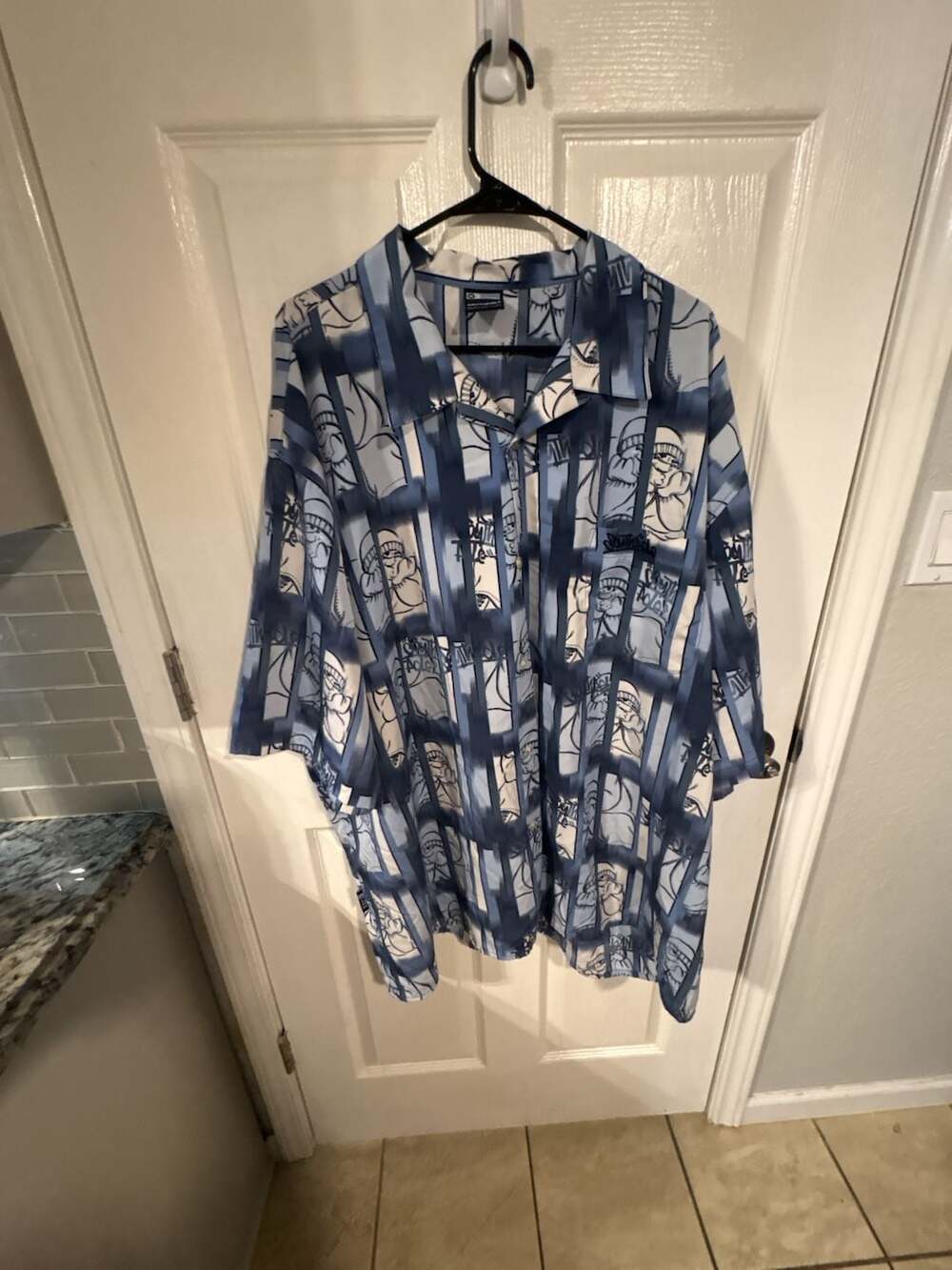 Vintage Southpole Blue Graffiti Graphic Over Print Short Sleeve Button Up Shirt